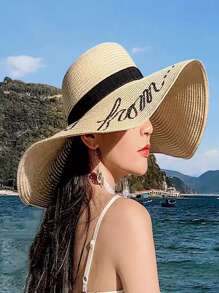 1pc Women Sequin Letter Decor Boho Style Straw Hat, For Travel - Beige - View 1