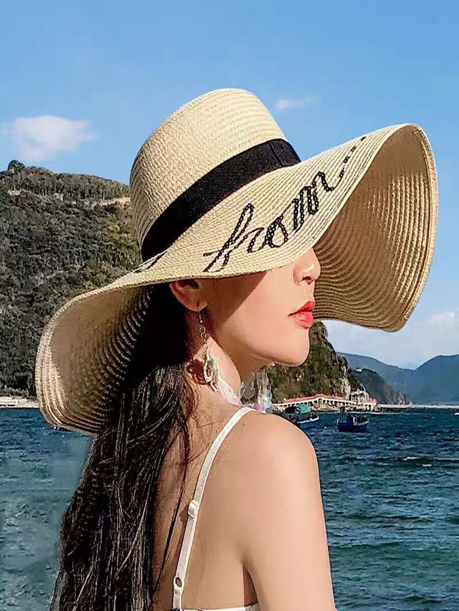 1pc Women Sequin Letter Decor Boho Style Straw Hat, For Travel - Beige - View 1
