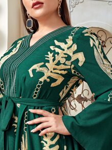 Al Najma Plus Gold Scroll Print Belted Dress - Dark Green - View 5