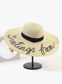 1pc Women Sequin Letter Decor Boho Style Straw Hat, For Travel - Beige - View 2
