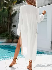 SHEIN Swim Summer Beach Tassel Trim Open Front Kimono - White - View 3