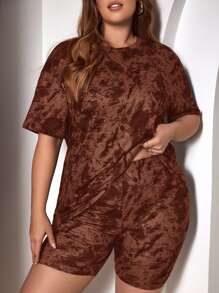 SHEIN SXY Bộ thời trang Plus Size Cà vạt nhuộm Giải trí - màu nâu - Xem 1