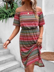 SHEIN LUNE 條紋圖案一字肩A字連衣裙 - 彩色 - 查看 5