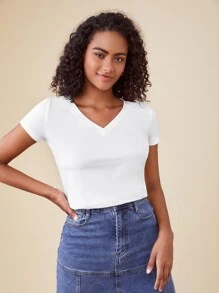 SHEIN BASICS 夏季v領純色短袖t恤 - 白色 - 查看 3