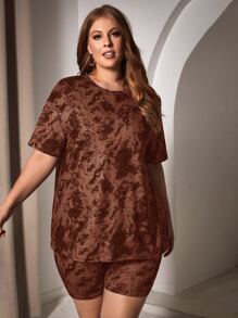 SHEIN SXY Bộ thời trang Plus Size Cà vạt nhuộm Giải trí - màu nâu - Xem 3