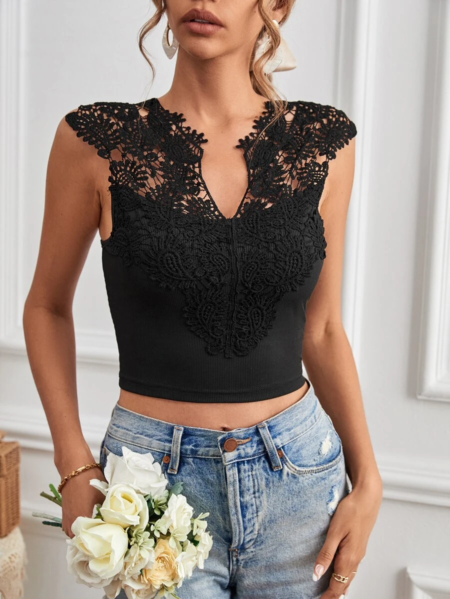SHEIN Privé Guipure Lace Panel Notched Neckline Crop Top - Black - View 1