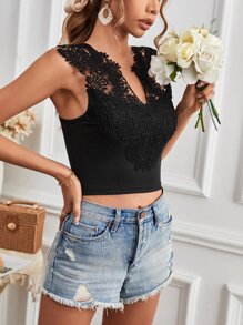 SHEIN Privé Guipure Lace Panel Notched Neckline Crop Top - Black - View 3