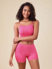 SHEIN BASICS Cotton Solid Cami Top & Cycling Shorts - Hot Pink - View 4