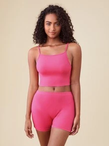 SHEIN BASICS Cotton Solid Cami Top & Cycling Shorts - Hot Pink - View 5