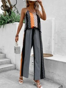 SHEIN LUNE 波點圖案吊帶上衣和闊腿褲 - 彩色 - 查看 1