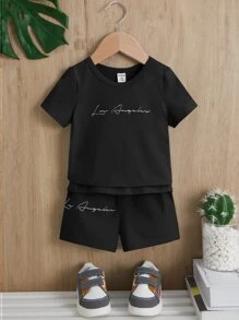 SHEIN Baby Boy Letter Graphic Tee & Shorts - Black - View 1
