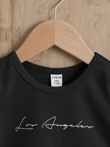 SHEIN Baby Boy Letter Graphic Tee & Shorts - Black - View 3