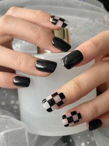 30 chiếc móng tay giả ngắn kẻ sọc vuông & 1 tấm băng keo & 1 dũa móng tay & 1 que - Nhiều màu - Xem 1