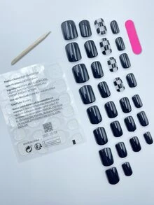 30 chiếc móng tay giả ngắn kẻ sọc vuông & 1 tấm băng keo & 1 dũa móng tay & 1 que - Nhiều màu - Xem 2