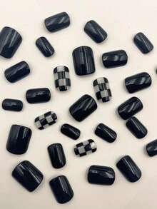 30 chiếc móng tay giả ngắn kẻ sọc vuông & 1 tấm băng keo & 1 dũa móng tay & 1 que - Nhiều màu - Xem 3