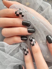 30 chiếc móng tay giả ngắn kẻ sọc vuông & 1 tấm băng keo & 1 dũa móng tay & 1 que - Nhiều màu - Xem 4