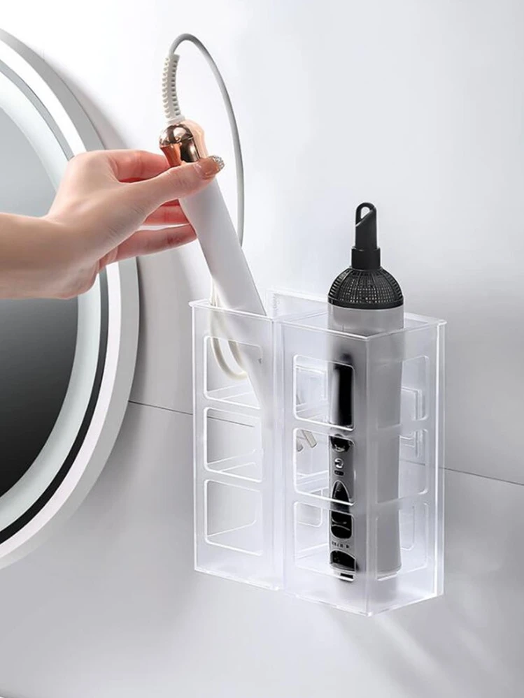 1pc Punch free Plastic Curling Iron Storage Box Minimalist Clear Shelving Storage Unit For Bathroom SHEIN