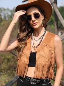 RELISH NOLESS 流蘇邊開門襟短款夾克背心 - 駝色 - 查看 6