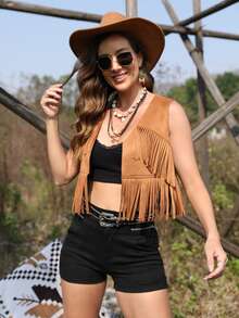 RELISH NOLESS 流蘇邊開門襟短款夾克背心 - 駝色 - 查看 4