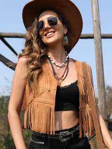 RELISH NOLESS 流蘇邊開門襟短款夾克背心 - 駝色 - 查看 7