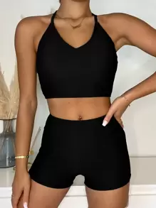 SHEIN Swim 夏季沙灘實色短褲比基尼 - 黑色 - 查看 1