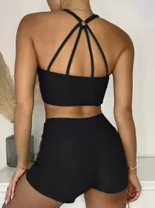 SHEIN Swim 夏季沙灘實色短褲比基尼 - 黑色 - 查看 2