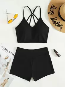 SHEIN Swim 夏季沙灘實色短褲比基尼 - 黑色 - 查看 6