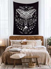 1 件蝴蝶和蘑菇印花挂毯，现代布艺壁毯，适用于家居墙壁装饰 - 黑與白 - 查看 1