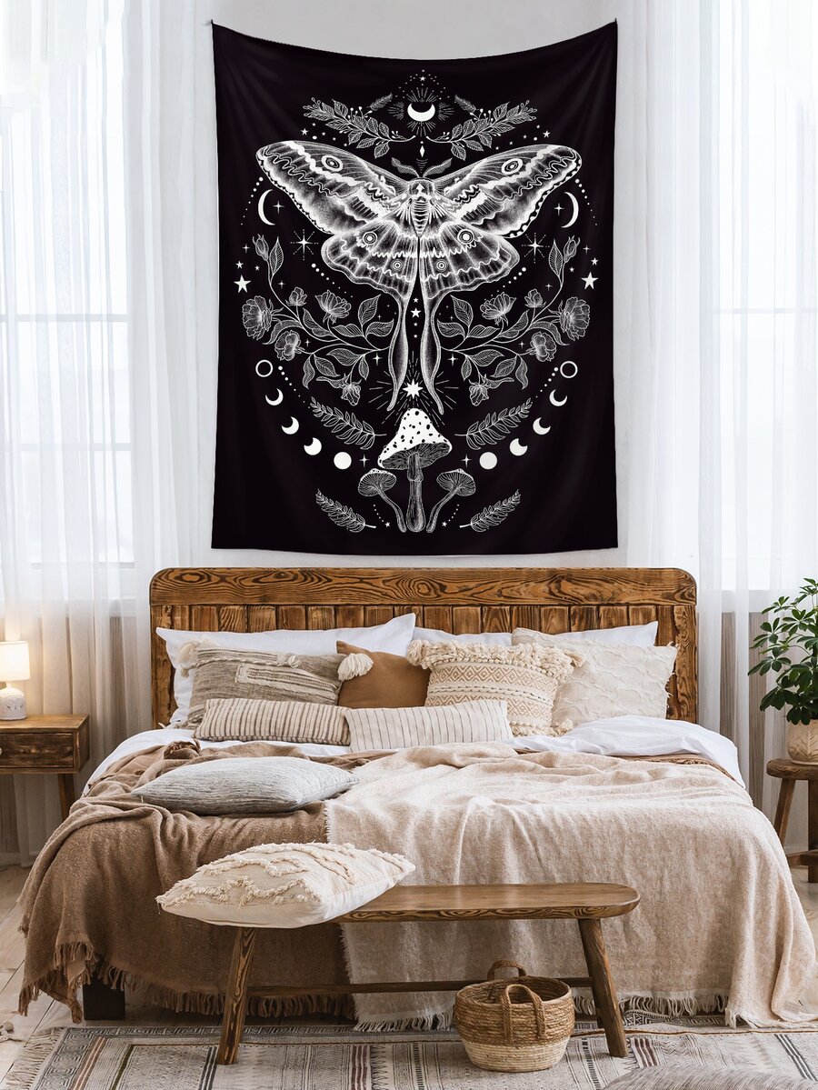 1 件蝴蝶和蘑菇印花挂毯，现代布艺壁毯，适用于家居墙壁装饰 - 黑與白 - 查看 1