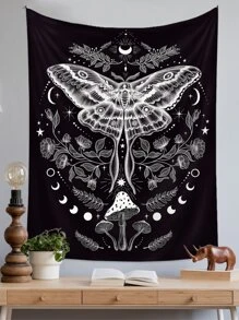 1 件蝴蝶和蘑菇印花挂毯，现代布艺壁毯，适用于家居墙壁装饰 - 黑與白 - 查看 3