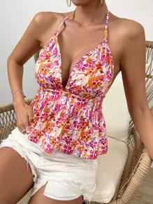 SHEIN VCAY Allover Print Tie Backless Peplum Halter Top - Multicolor - View 3