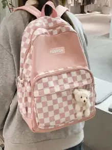 Checkered Print Letter Patch & Cartoon Bear Decor Classic Backpack School Bag Bookbag For School Outdoors Portable,Lightweight - Pink - View 1