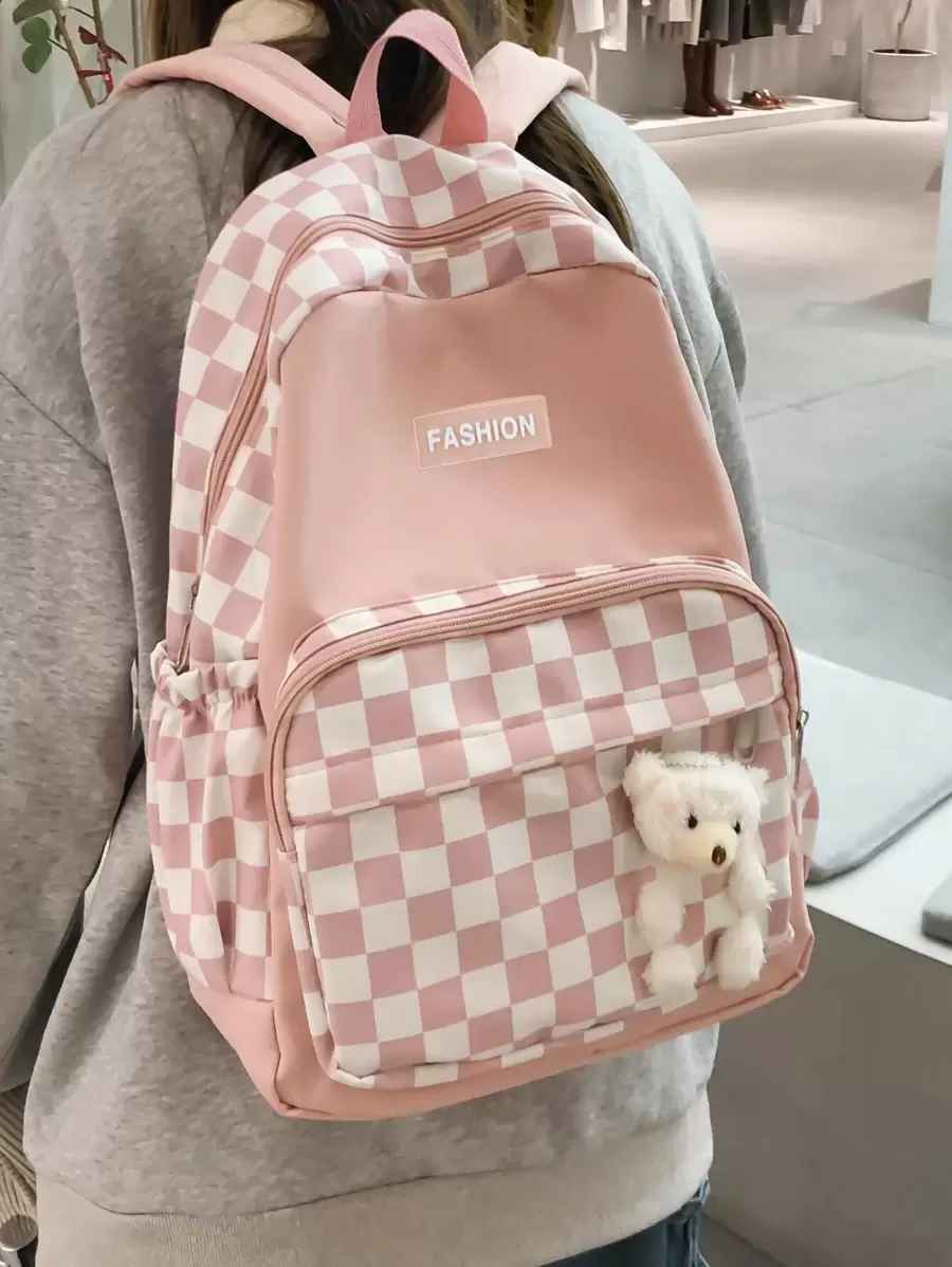 Checkered Print Letter Patch & Cartoon Bear Decor Classic Backpack School Bag Bookbag For School Outdoors Portable,Lightweight - Pink - View 1