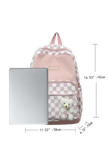 Checkered Print Letter Patch & Cartoon Bear Decor Classic Backpack School Bag Bookbag For School Outdoors Portable,Lightweight - Pink - View 3