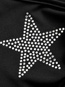 SHEIN ICON Western Cowgirl Rhinestone Star Pattern Ruched Bust Crop Tee - Black - View 5