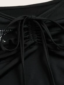 SHEIN ICON Western Cowgirl Rhinestone Star Pattern Ruched Bust Crop Tee - Black - View 6