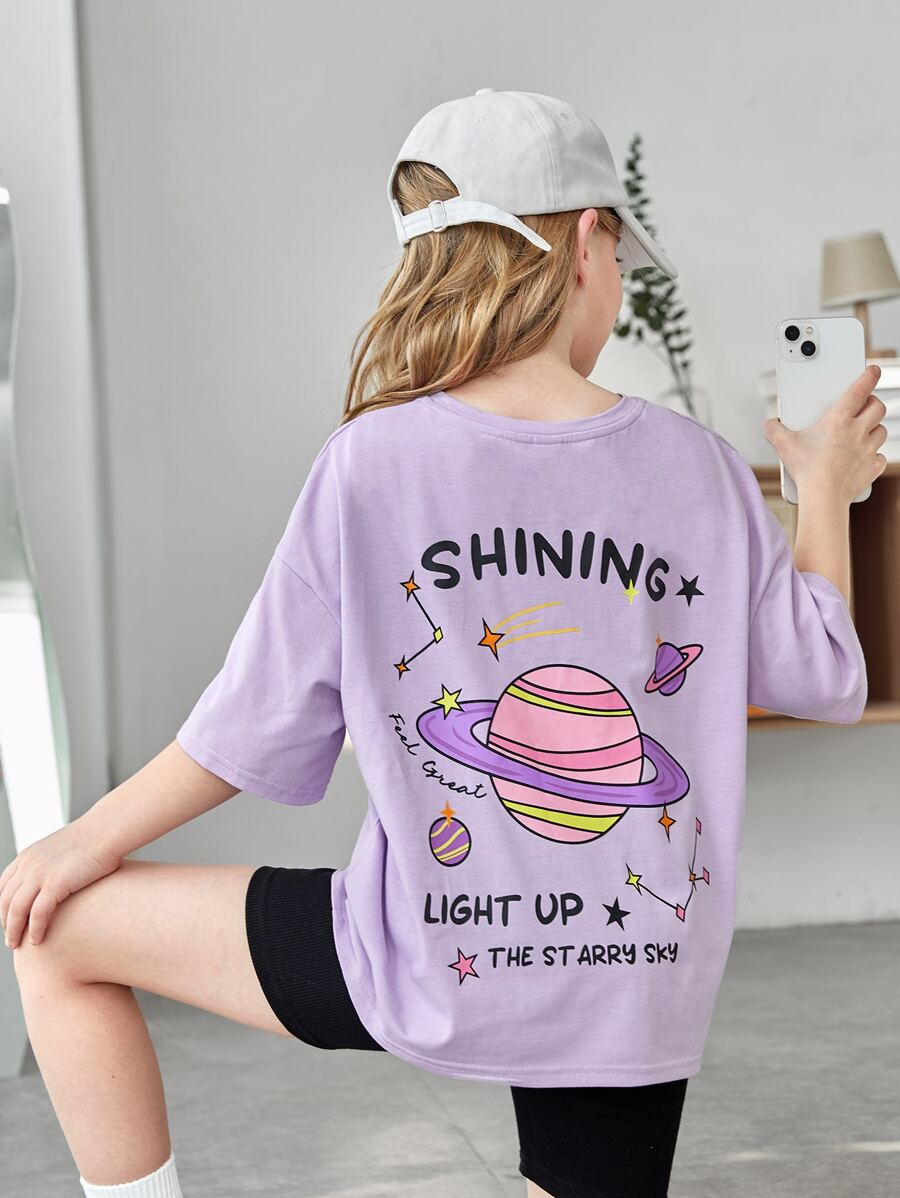 SHEIN Tween Girl Relaxed Fit Graphic Slogan & Galaxy Print T-Shirt - Lilac Purple - View 1