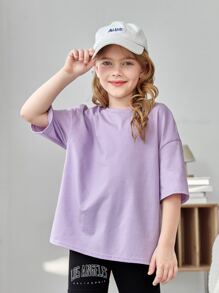 SHEIN Tween Girl Relaxed Fit Graphic Slogan & Galaxy Print T-Shirt - Lilac Purple - View 2