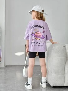 SHEIN Tween Girl Relaxed Fit Graphic Slogan & Galaxy Print T-Shirt - Lilac Purple - View 3