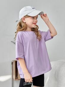 SHEIN Tween Girl Relaxed Fit Graphic Slogan & Galaxy Print T-Shirt - Lilac Purple - View 5