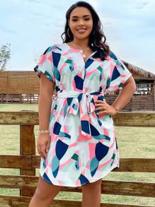 Calvaya 大碼滿版印花蝙蝠袖繫腰帶連衣裙 - 彩色 - 查看 4