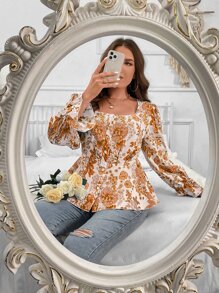 SHEIN LUNE Plus Floral Print Flounce Sleeve Peplum Blouse - Yellow - View 5