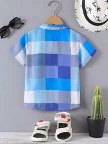 SHEIN Young Boy Plaid Print Button Front Shirt Without Tee - Blue and White - View 2