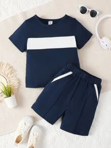 SHEIN Toddler Boys Colourblock Tee & Shorts - Blue and White - View 1