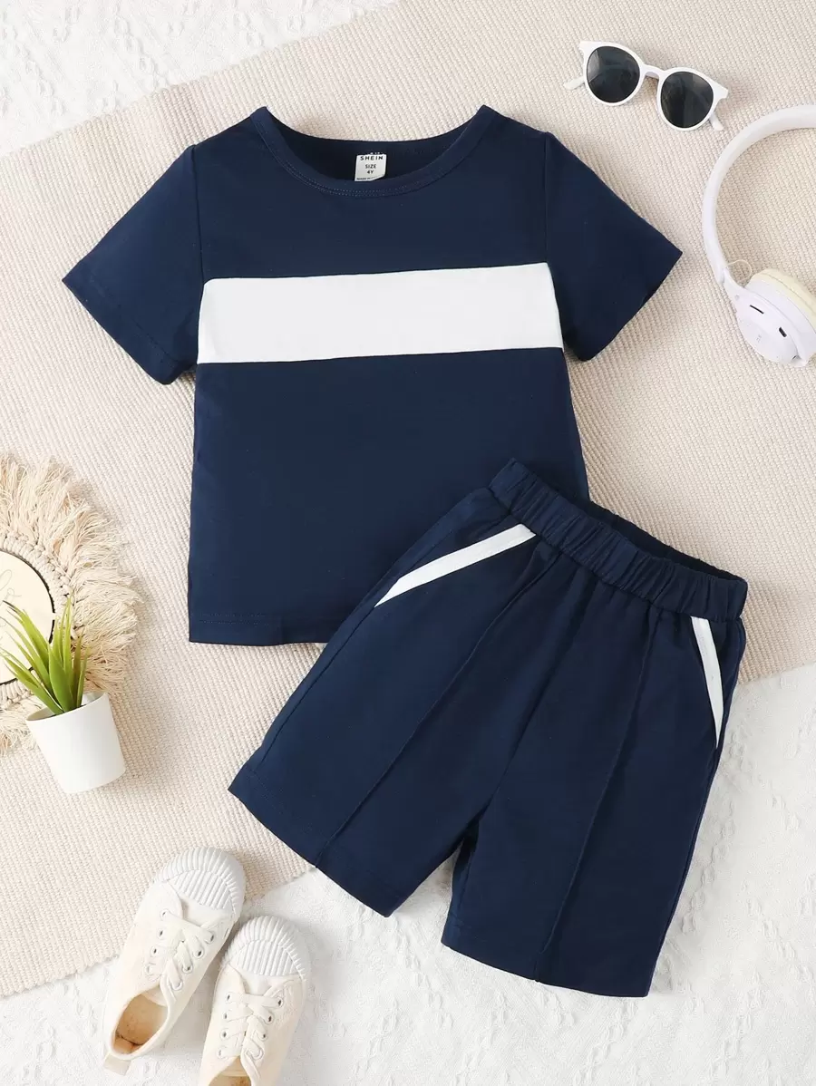 SHEIN Toddler Boys Colourblock Tee & Shorts - Blue and White - View 1