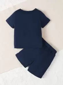 SHEIN Toddler Boys Colourblock Tee & Shorts - Blue and White - View 2