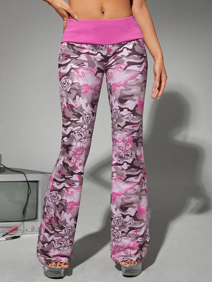 SHEIN ICON Camo Print Flare Leg Pants - Multicolor - View 1