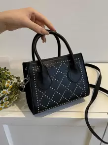 時尚鑲釘小方形手提包 - 黑色 - 查看 1