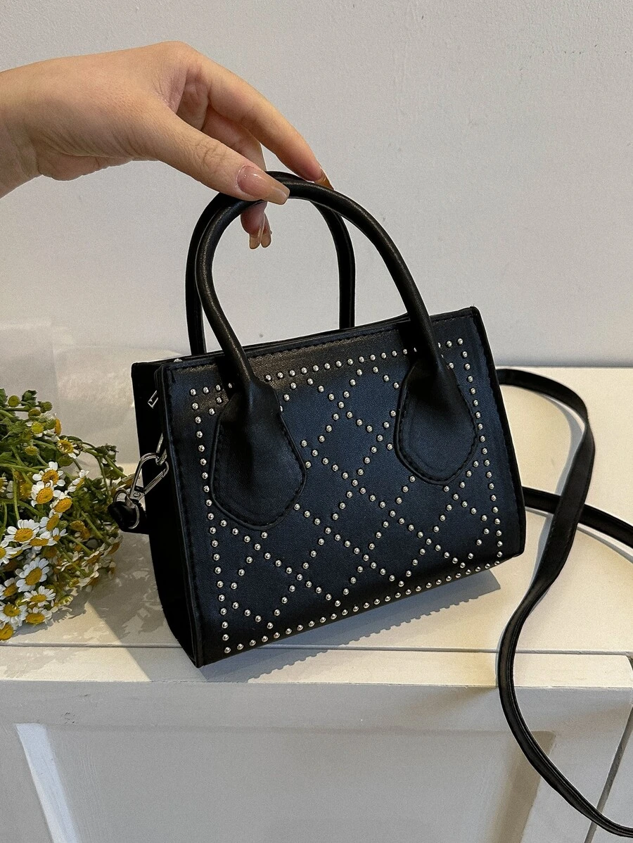 時尚鑲釘小方形手提包 - 黑色 - 查看 1