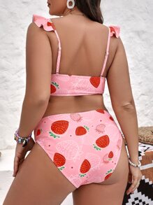 Conjunto de bikini con estampado de fresa y ribete de volantes en talla grande para playa de verano - Multicolor - Ver 2